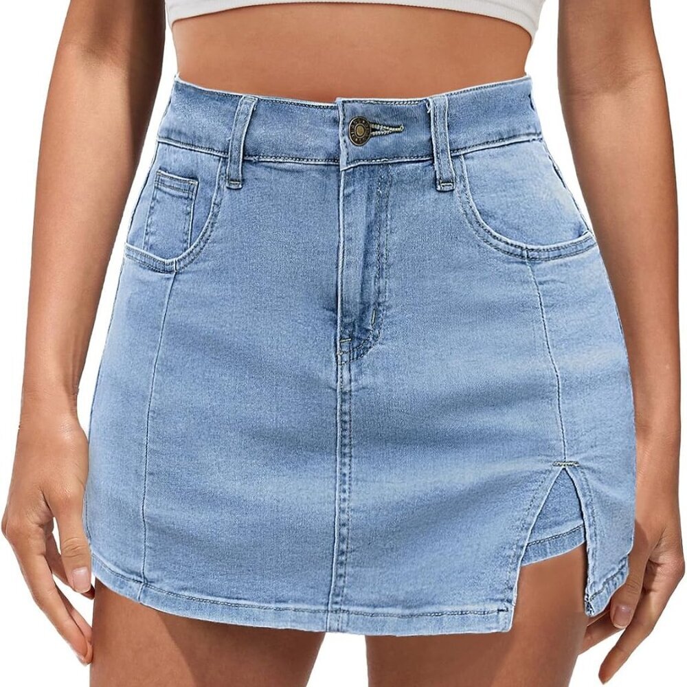 Jean Skorts for Woman High Waisted Trendy Slit Stretchy Denim Skirt with Shorts